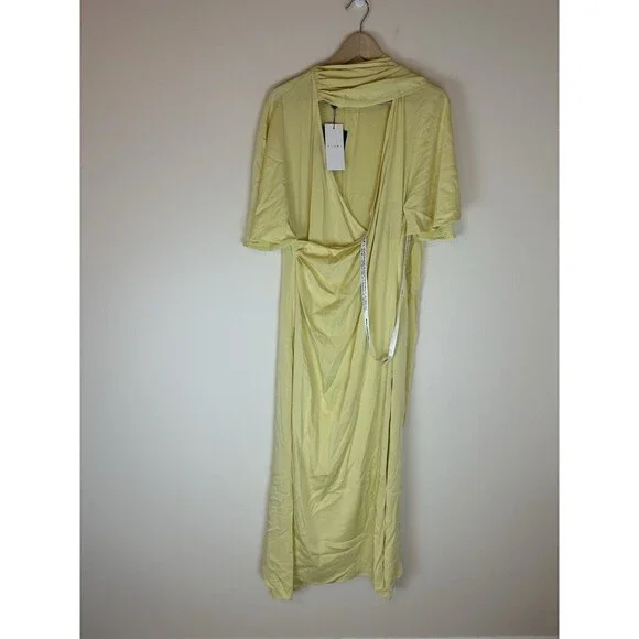Club L London 12 L Satin Dress Yellow Lemon Lisette Maxi Flutter Sleeve Wrap - Picture 3 of 8